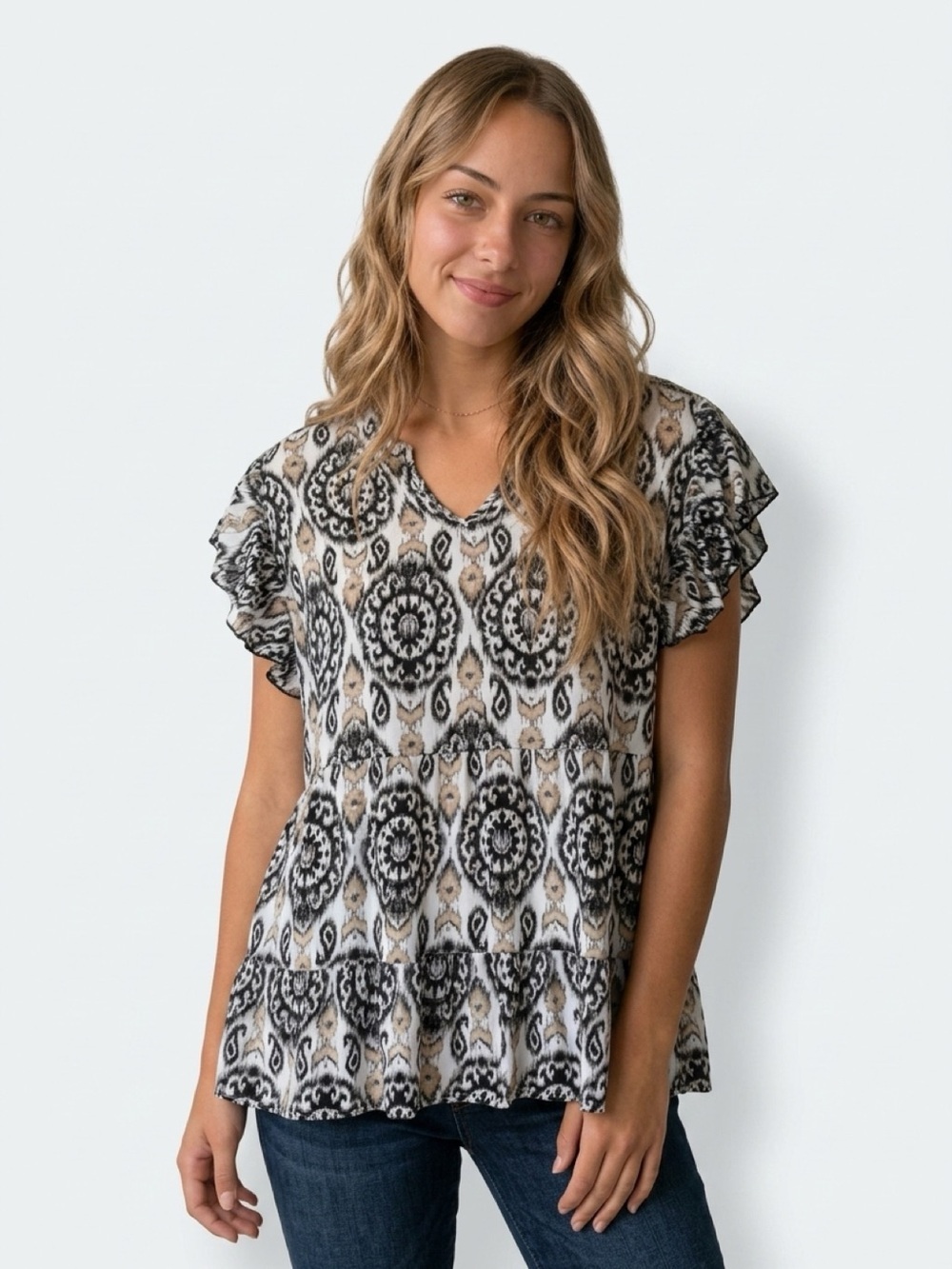 Cato Women's Plus Size 18 Black Blouse Ruffled Sleeves Tiered Hem
